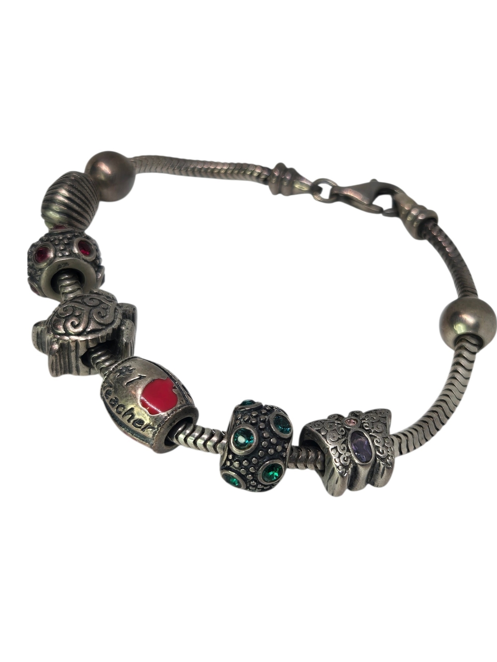 925 Sterling Silver Charm Bracelet with Multicolor Gem Accents See Pics